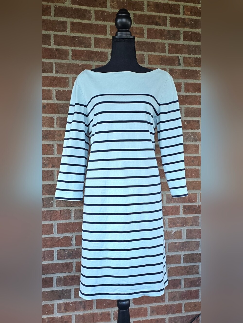 J. McLaughlin Pale Sky Blue and Navy Striped Boatneck Midi Dress 3/4 Sleeves